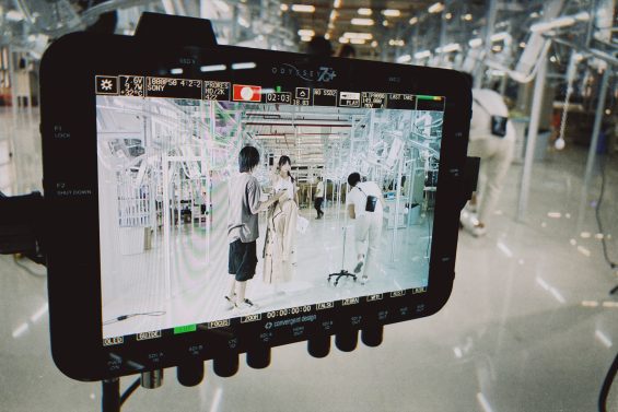 Factory shooting for Shuiyunjian. Checking the frame on a reference monitor.