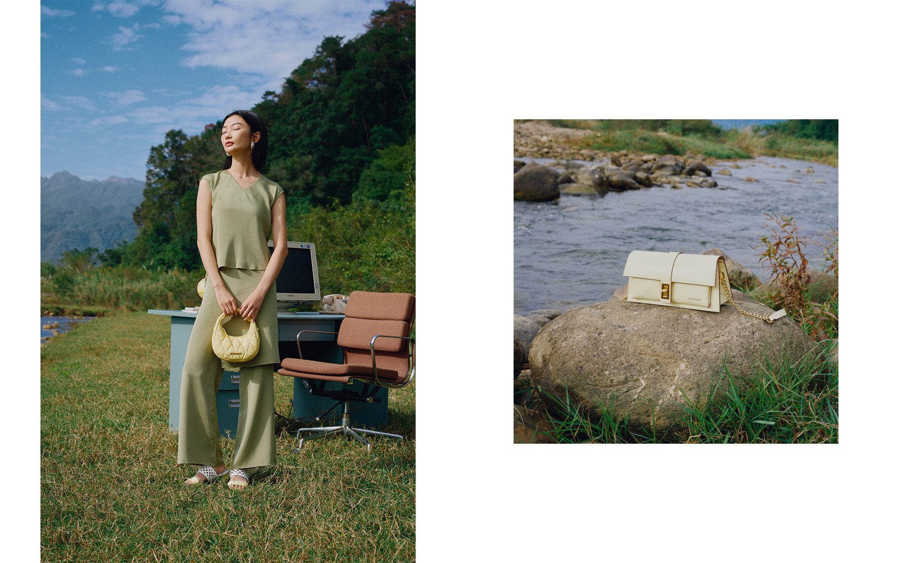 Everbest shoes and handbag photography campaign for spring collection. Fashion photography in nature, China.