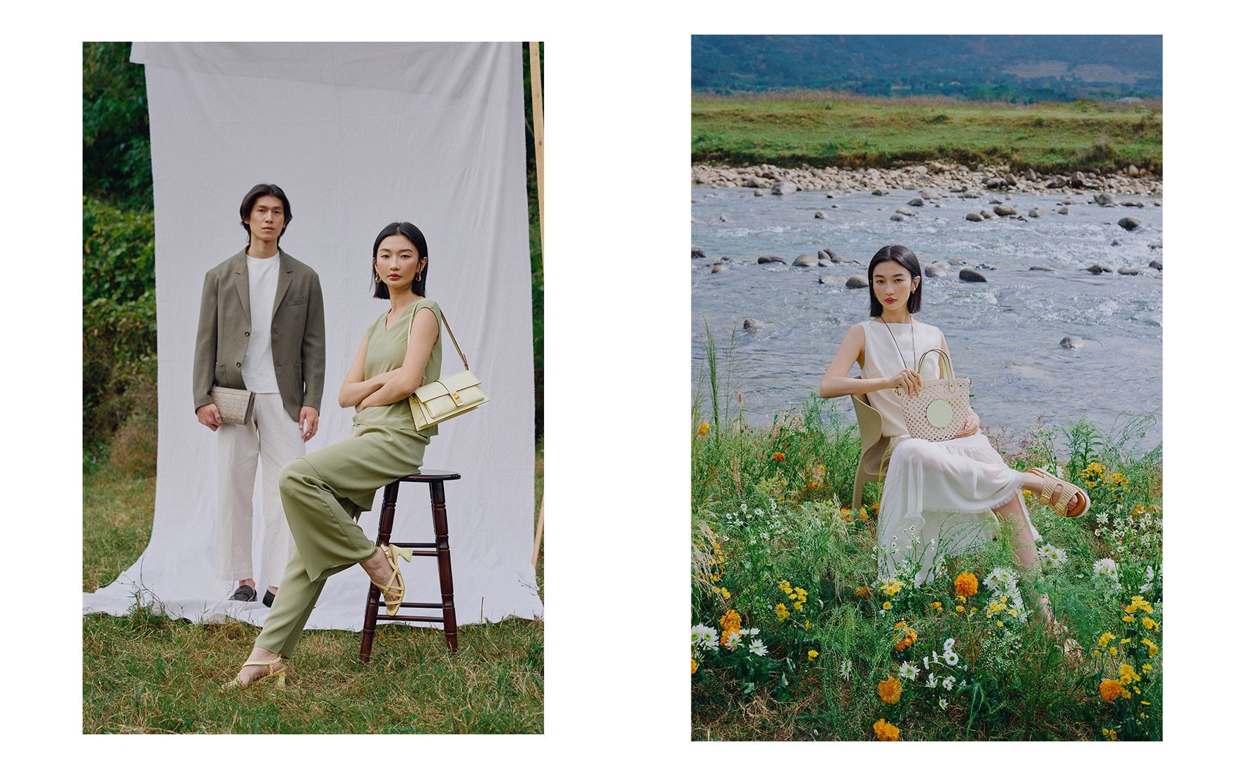 Everbest shoes and handbag photography campaign for spring collection. Fashion photography in nature, China.
