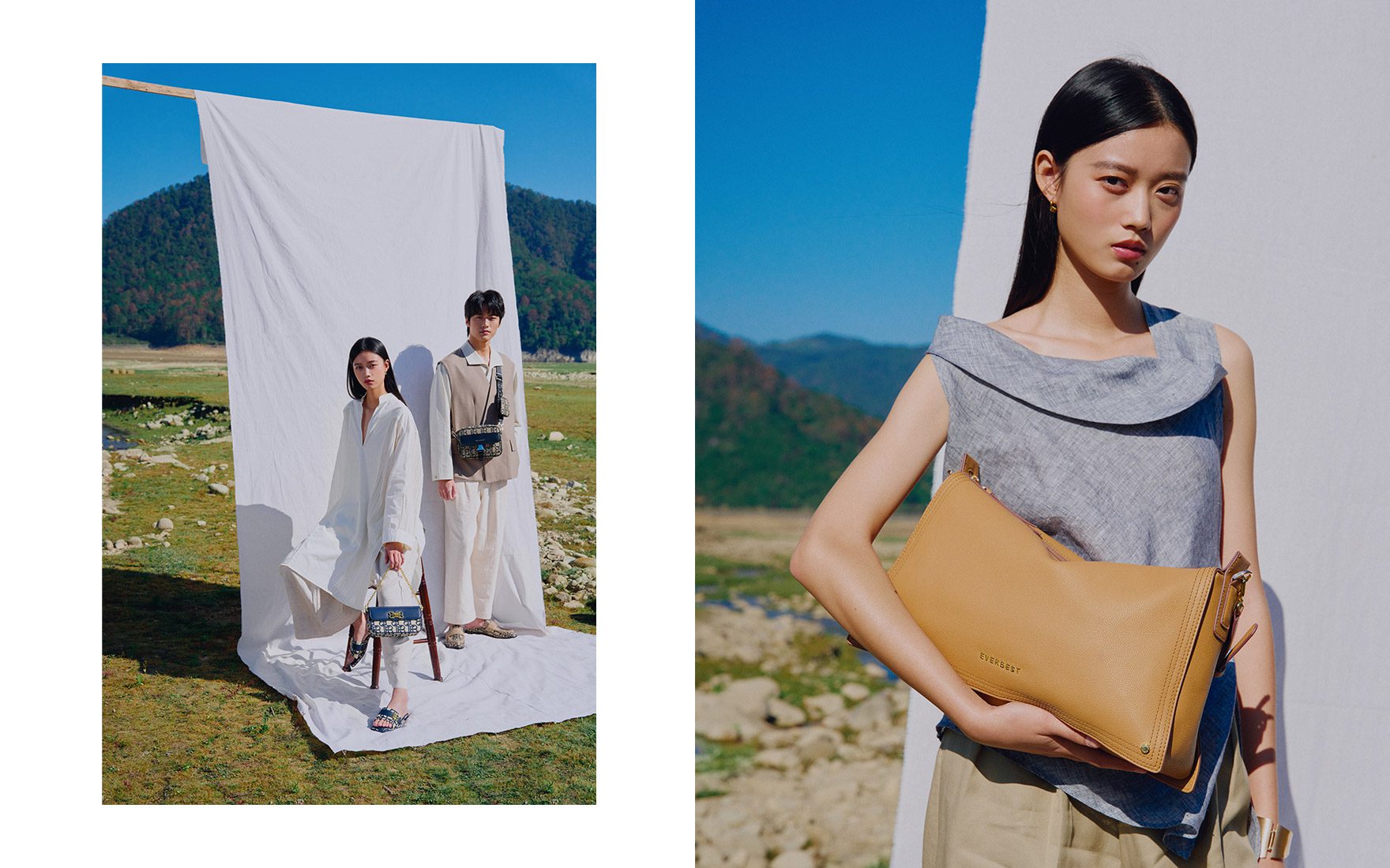 Everbest shoes and handbag photography campaign for spring collection. Fashion photography in nature, China.