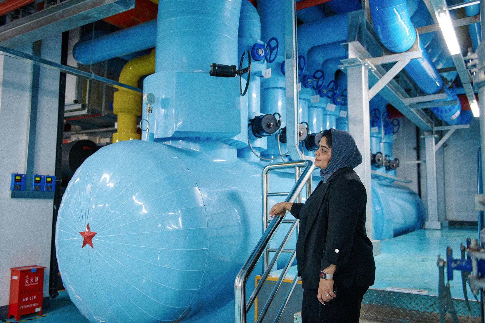 Almas Tholot visiting the air conditioning installations of the HeYou hospital in Shunde