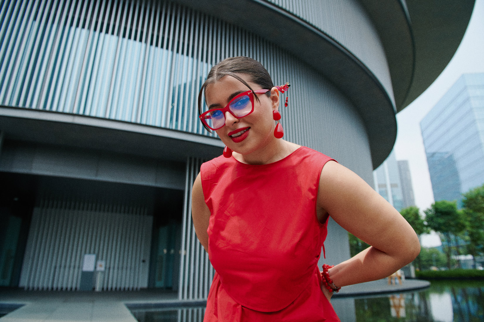 Mina Al Sheikhly on the entrance of the He Museum in Shunde