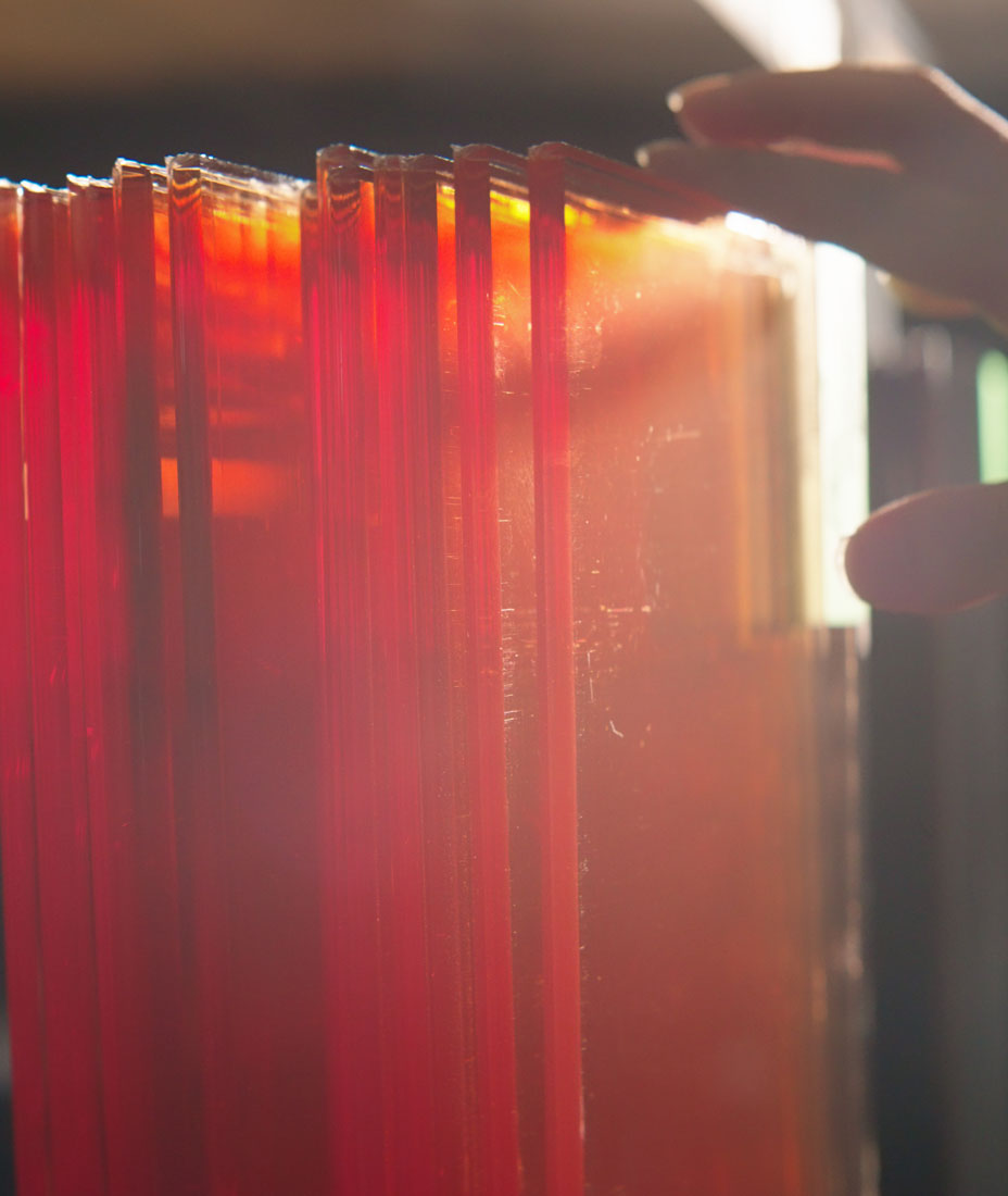 Vertical anamorphic shot for James Oro acetate slabs in the factory floor where the production takes place.