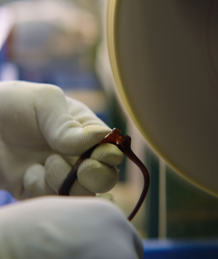 Close up of the factory processes involved in the crafting of acetate glasses for James Oro.