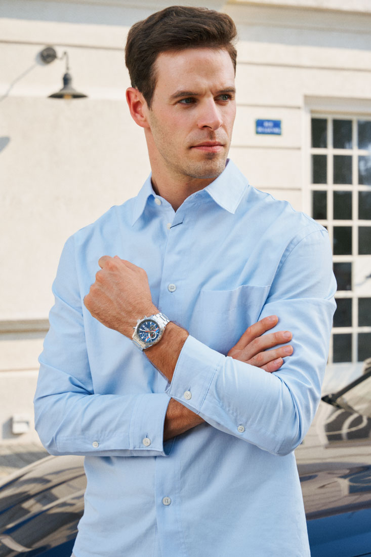 Lorus watches lifestyle campaign photography by ITR Visuals featuring male and female models on location in Guangzhou and Shenzhen with a male model in a BMW.